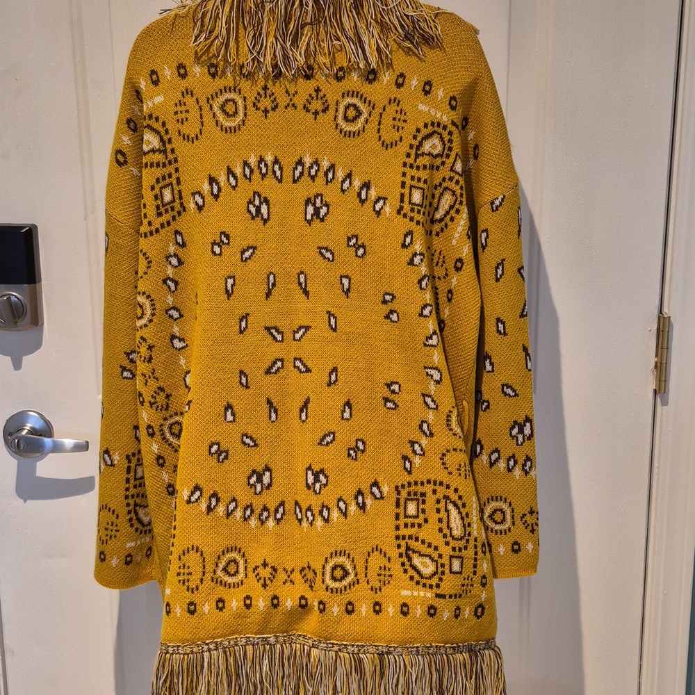 Cato Fringed Mustard Open-Front Bandana Print Knit Cardigan size XL - Picture 4 of 6